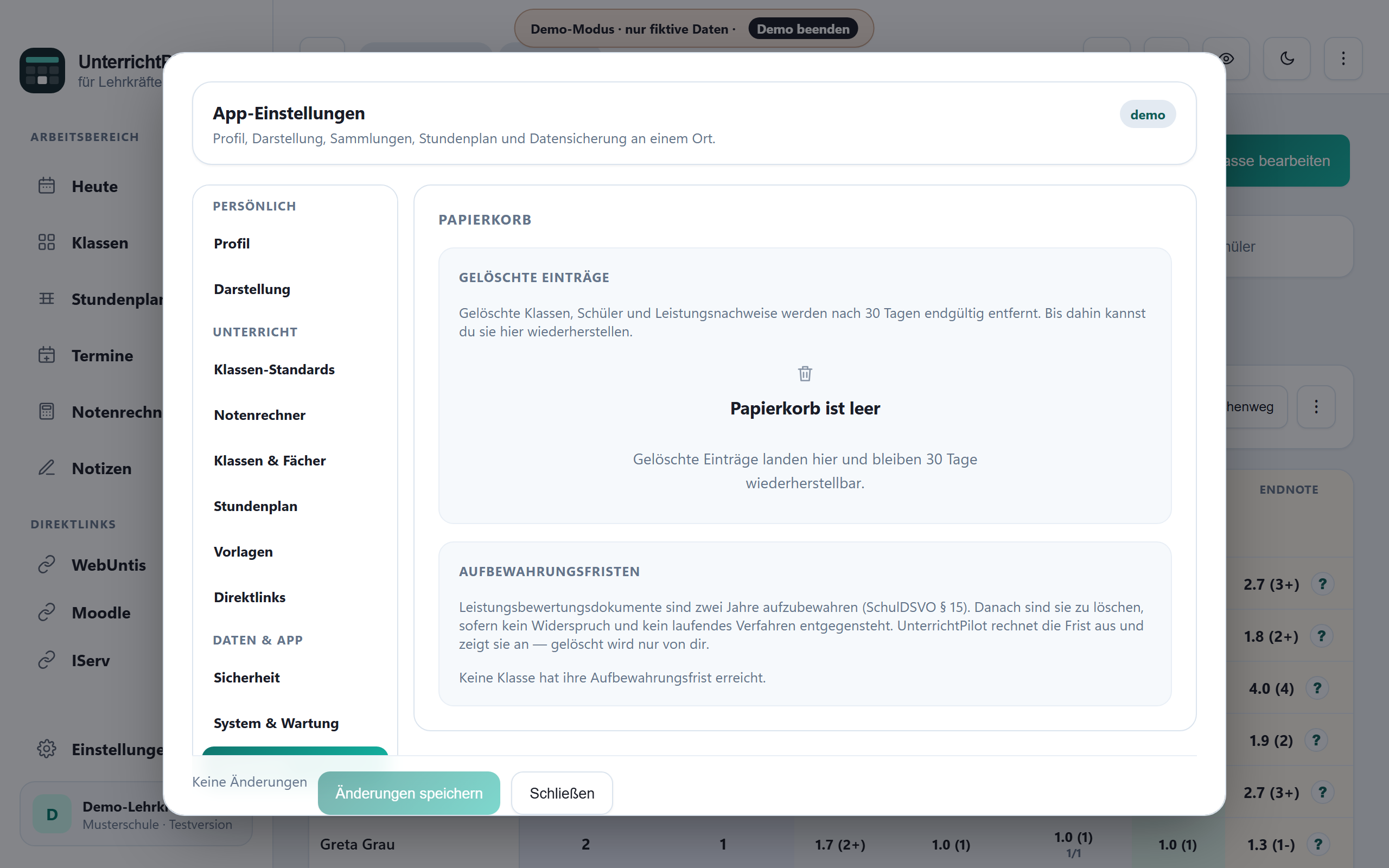 Papierkorb in UnterrichtPilot
