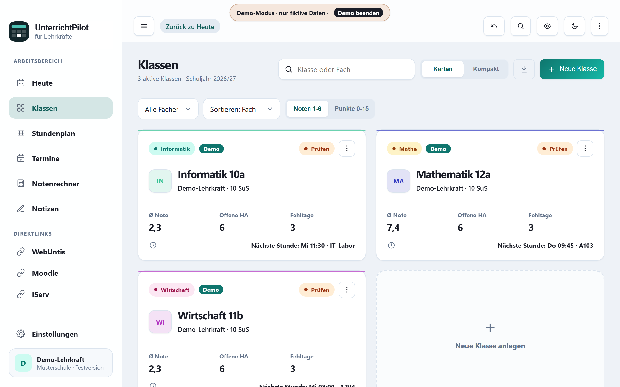 Klassenübersicht im Demo-Modus