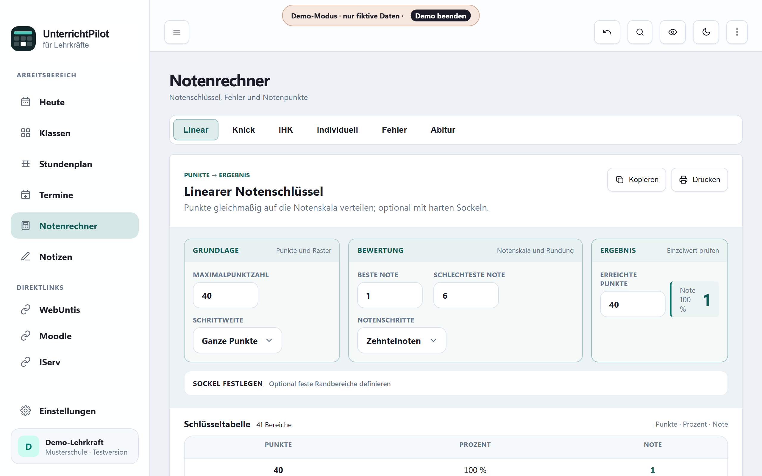 Notenrechner: Abitur-Schlüssel