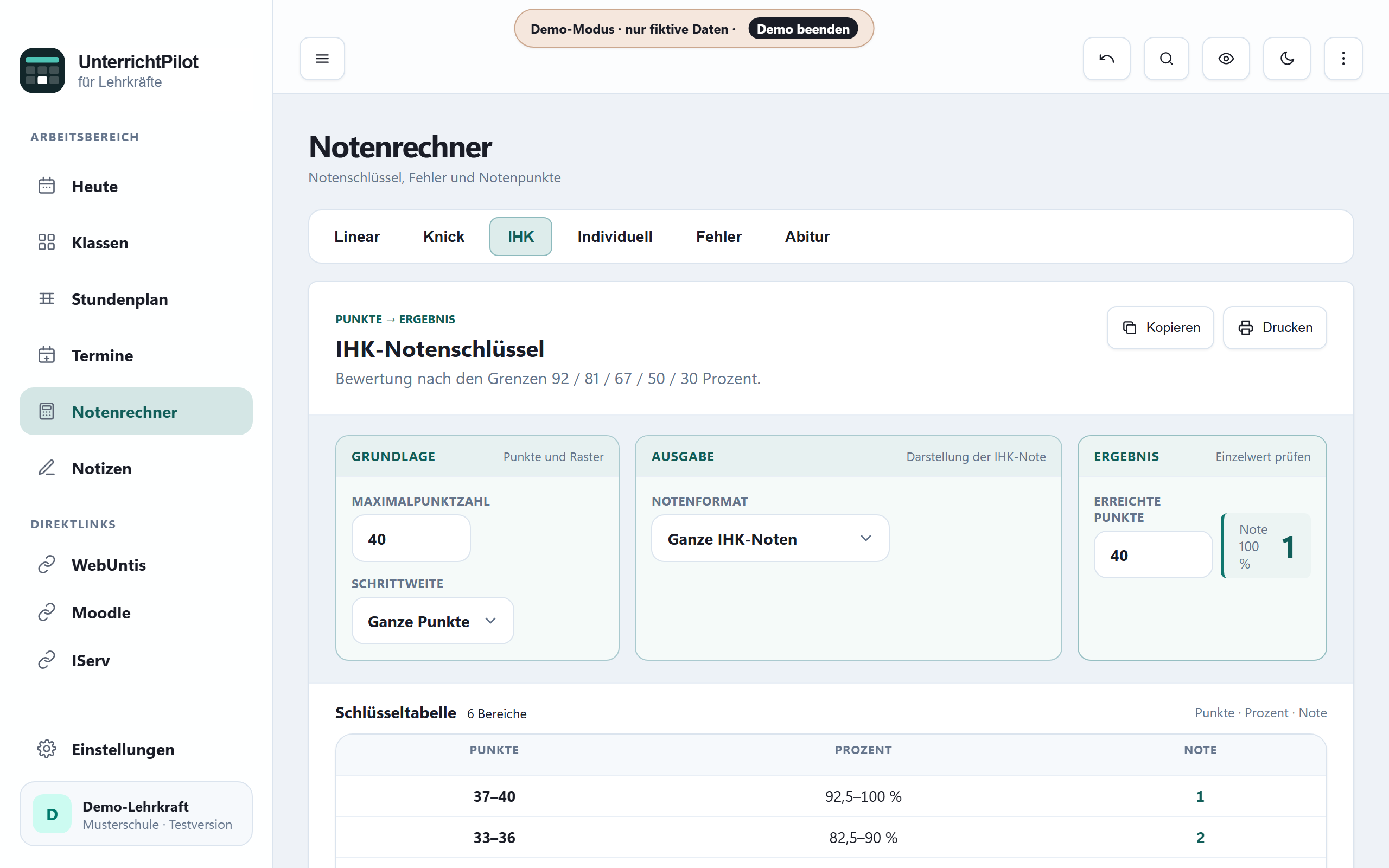 Notenrechner: IHK-Schlüssel