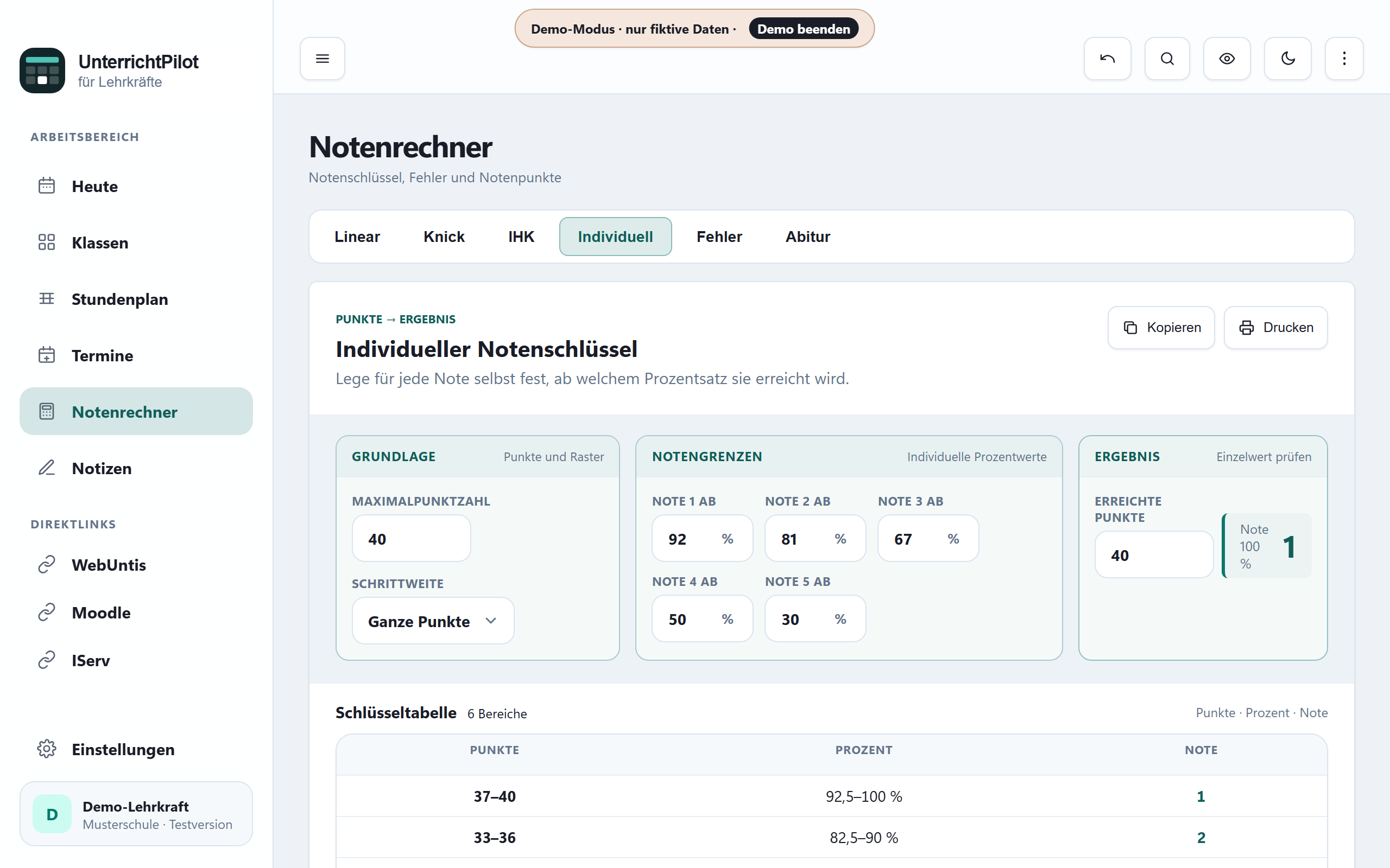 Notenrechner mit individuellen Grenzen